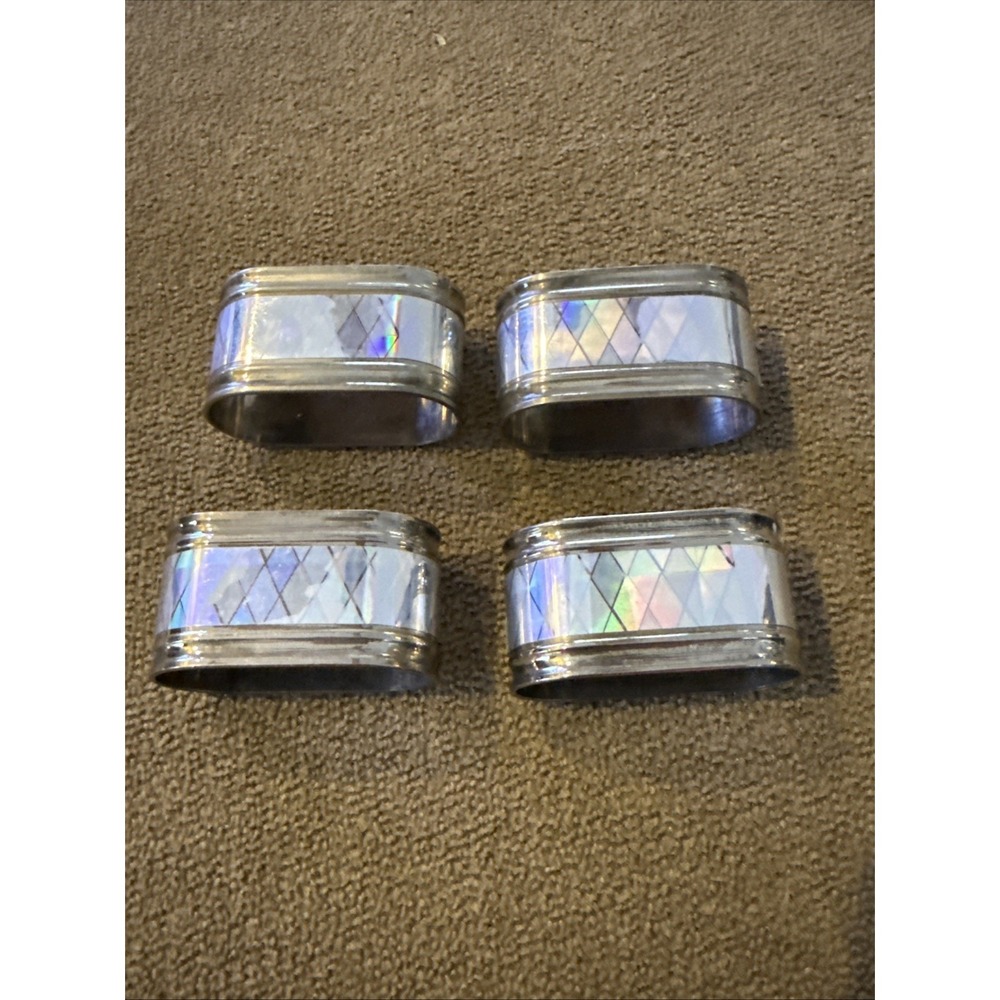 Lot 4 Regal Quality SIlver Tone Hong Kong Napkin Rings Iridescent Diamond (TD)